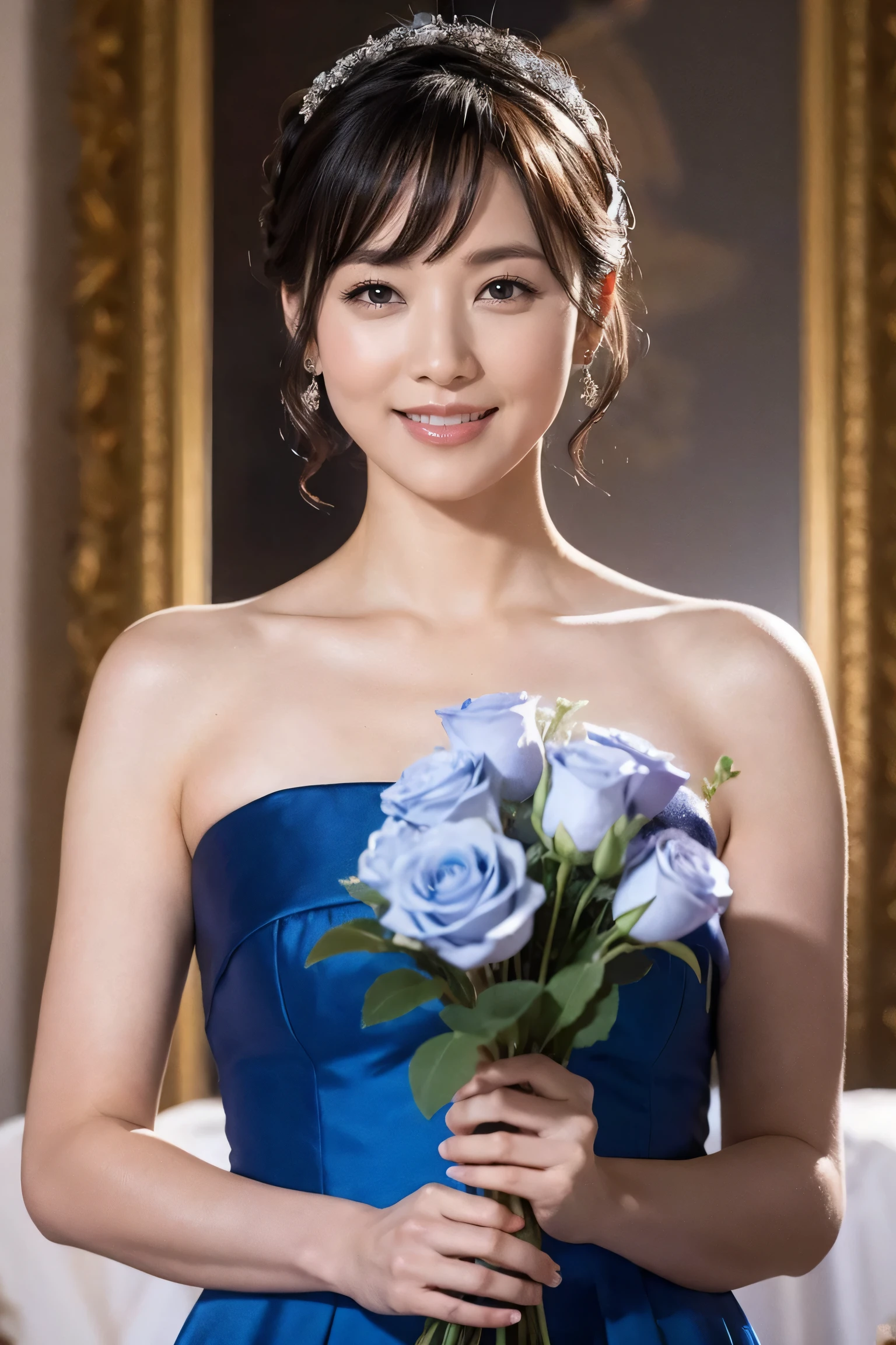 Medium display, Medium Shot, Written boundary depth, bust, Upper Body, movie angle, masterpiece, highest quality, Very detailed, CG, 8k wallpaper, Beautiful Face, Delicate eyes, Otome, alone, smile, bangs, have,Royal Blue Dress, bow, petal, bouquet of roses