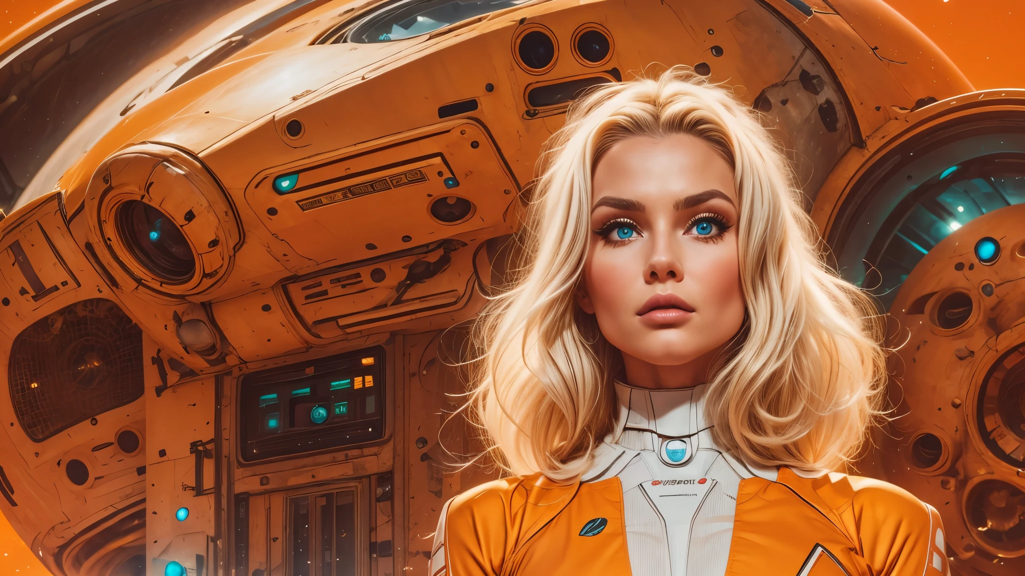 arafed image of a white woman in a futuristic suit with a spaceship in the background, movie art, in front of an orange background, inspired by Robert McGinnis, female protagonist, megastructure in the background, portrait of an ai astronaut, astronauts, an astronaut, portrait of a astronaut skeletor, perfect android girl, detailed eyes, perfectly detailed teeth, frank franzzeta and sakimichan  