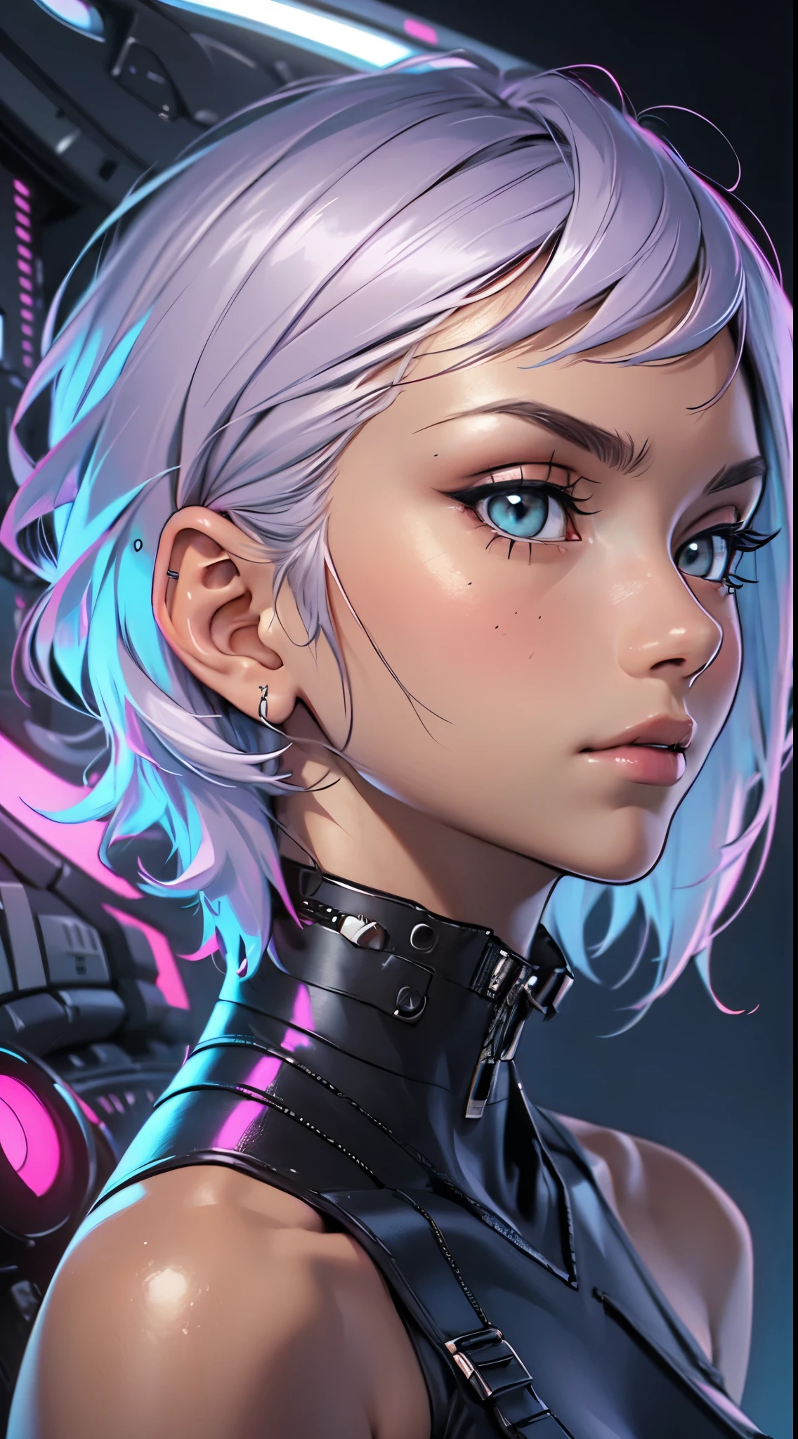 a close up of a woman with a very short hair, digital art inspired by Eve Ryder, trending on cg society, afrofuturism, cyborg - girl with silver hair, fashionable futuristic woman, movie still of a cool cyborg, ross tran 8 k, futuristic, futuristic hairstyle, futuristic look, (SFW)