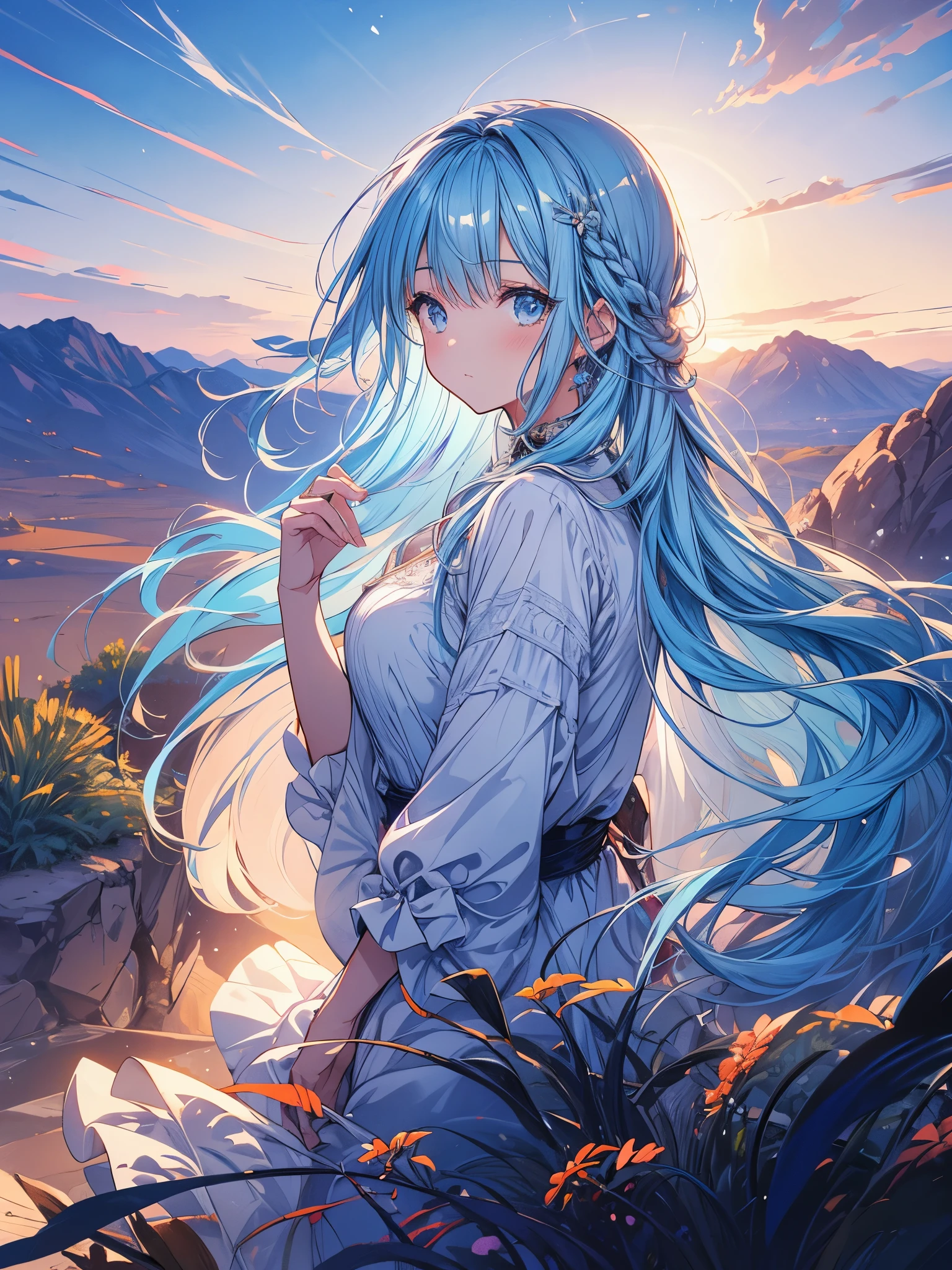 Lindamente desenhado, alta qualidade, ultra-detailed CG illustration of a young woman with a serene expression, looking into the distance with her stunning light blue hair blowing gently in the desert breeze. The scenery behind him is vast and breathtaking, drawing viewers into a world of wonder and exploration.