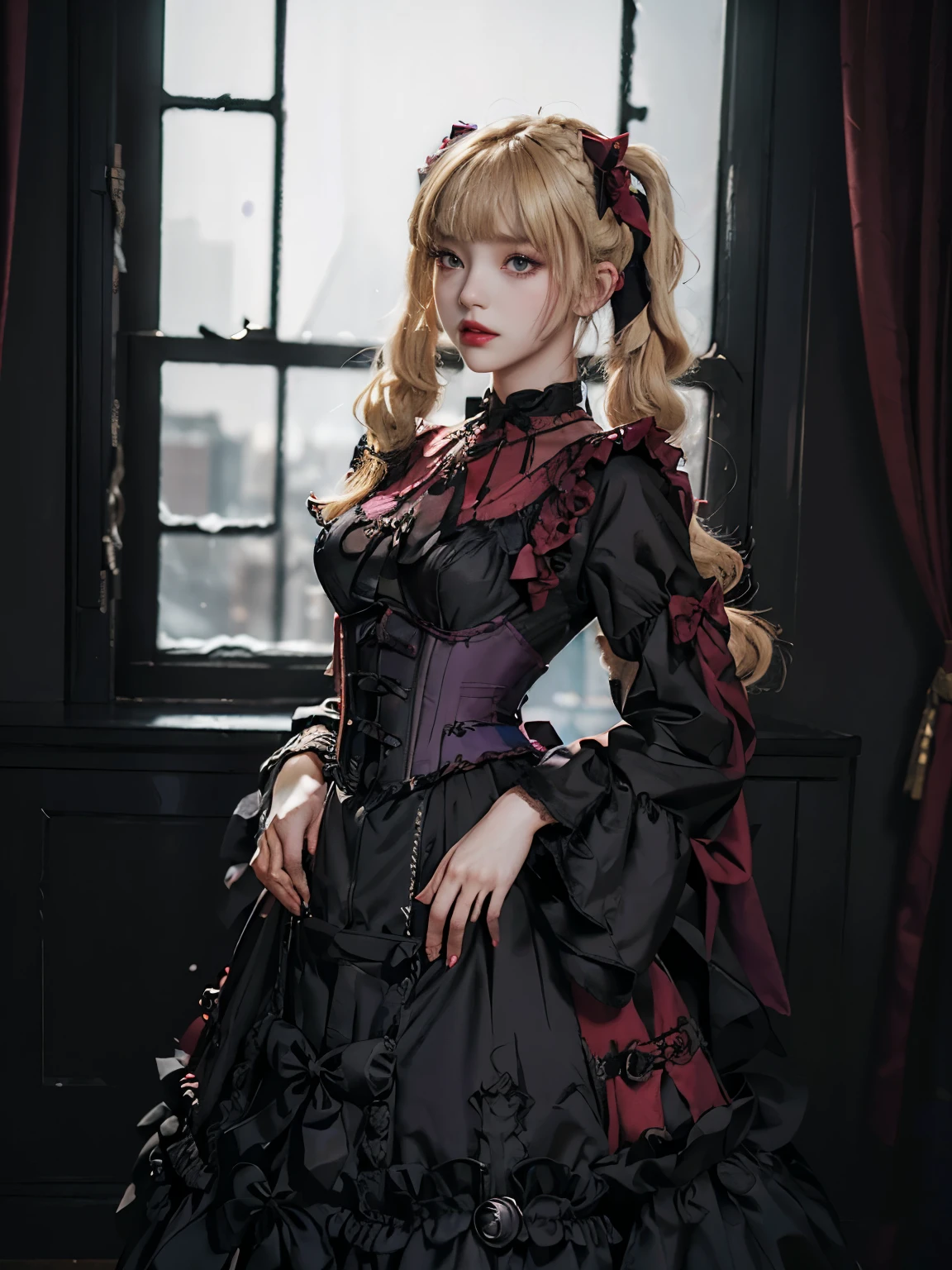 raw photo, 8k, (top-quality), Realistic, (real picture, Intricate details), (natural skin texture, detailed skin, hyper realism, sharpness), ((corset dress with black and purple, gothic decorative corset, big black ribbon)), pale skin:1.3, (Japanese teenage girl standing in luxury hotel at night, Suite Room), ((light blonde twintail hairstyle, blunt bangs)), (provocative look, Parted lips:1.3, eye shadow, eyeliner, eye bag:1.3, red thick lips, under eye circle), night time, big window, Snowy scenery outside the big window