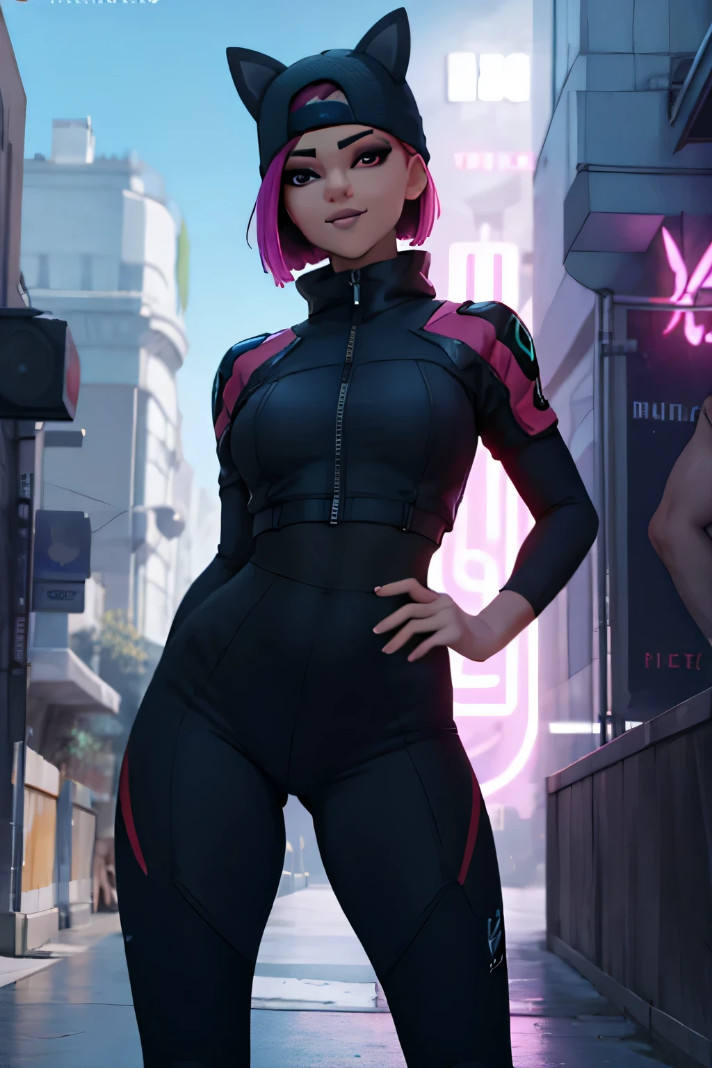 standing, looking at the viewer, extremely detailed, fine eyes, smile,dynamic pose, short pink hair, cap ,black jacket ,fingerless glove,With curves, Glasses, gray leggings Blue, neon