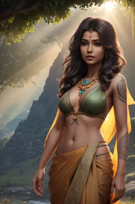There is an indian light brown beautiful woman wearing sari, tattooed body, photoshoot posing, mountain village, summer, grassla...
