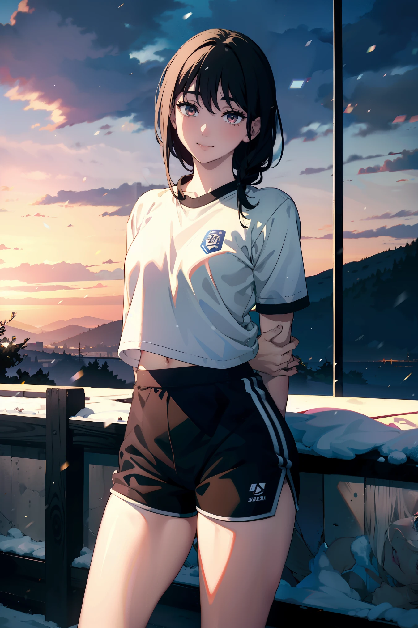 ((Obra maestra, La mejor calidad, ultrahigh resolution)), (((a girl in a Japanese gym uniform, blue Japanese ladies gym shorts, standing confidently, weilding a tennsis racket))), (((black hair, dark black hair))), long hair cut, pale skin, ((brown eyes)), glowing_eyes, neon eyes, (ultra detailed eyes:0.7, beautiful and detailed face, detailed eyes:0.9), ((centered)), ((cute smile, pretty)), facing viewer, eye level, ((vibrant background, snowy landscape, cityscape, snowing)), flat chested, looking at viewer, ((half closed eyes)), ((perfect hands)), (((head:1, arms, hips, elbows, in view))), ((hands behind back)), empty eyes, beautiful lighting, outside, outdoors, background, defined subject, 18 years old, (head tilt)