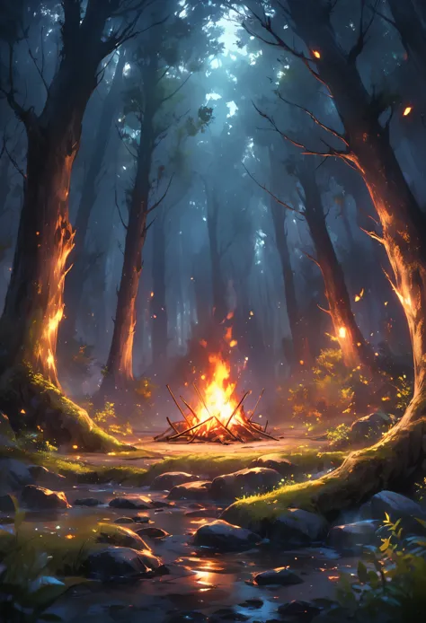 Campfire in the middle of dark forest