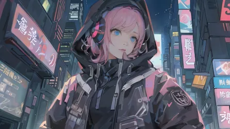 masterpiece,anime-style illustration showing a young woman in her 20s wearing a black hoodie, right facing, stand in the middle ...