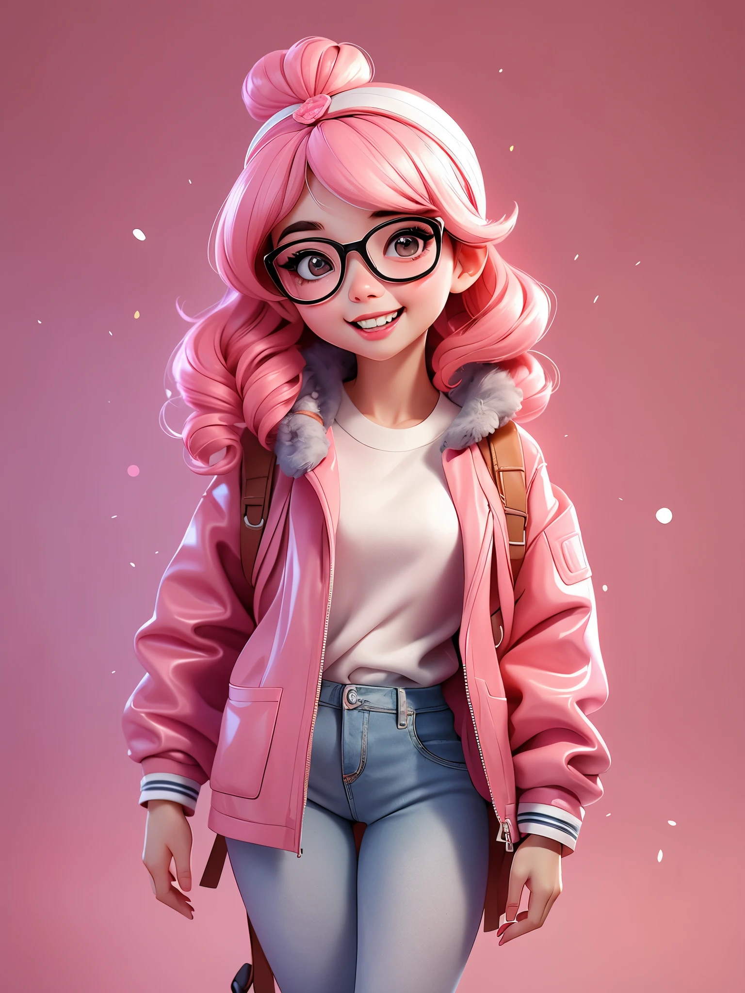 This 20-year-old Chinese girl has a ponytail，A pink patterned hairpin on her head，Natural curly glossy hair falls on shoulders，Bangs separated，Show a fresh and natural style。She was wearing a white round-neck underwear coat and a pink trench coat with a light pattern.，With frameless glasses，Exuding a youthful atmosphere。Her oval face was covered with a toothy smile，Watery eyes and thin eyebrows，Outline her softness and agility,With long eyelashes and red lips，Showing the youthful charm full of vitality。standing in front of a white background，She exudes a charming glow,
