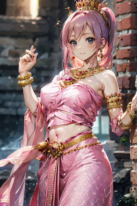 4k.high resolution,one woman,pink hair,short ponytail,big tits,hime,pink arab dancer dress,navel expulsion,red gold bracelet,gem...