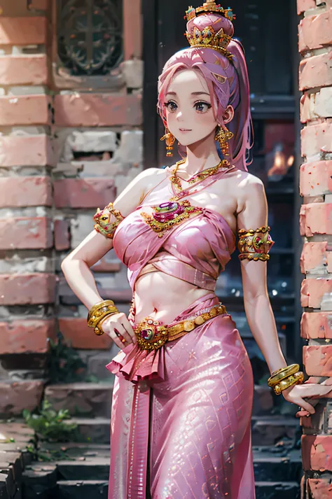 4k.high resolution,one woman,pink hair,short ponytail,big tits,Hime,pink arab dancer dress,Navel expulsion,red gold bracelet,Gem...