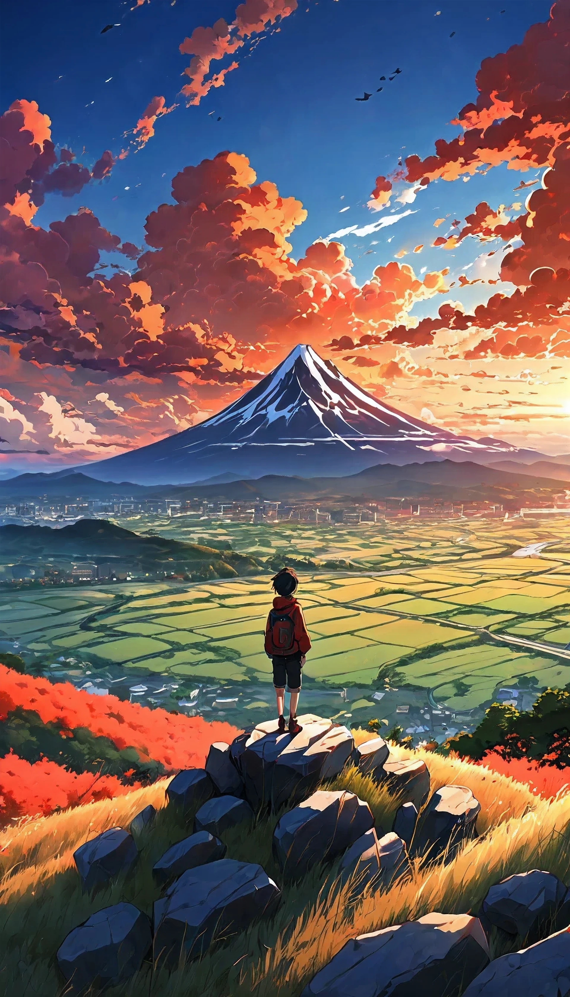 paysage animé d&#39;un garçon sur une colline de rochers avec des herbes, coucher de soleil avec des nuages infernaux orange et rouges, fonds d&#39;écran nature animés, belle scène d&#39;anime, Belle scène de paix d’anime, Makoto Shinkai Cyril Rolando, belle scène d&#39;anime, fond d&#39;écran incroyable, fond d&#39;écran d&#39;art animé 8K, fond d&#39;anime, artistic fond d&#39;anime, Fond d&#39;écran animé 4K, fond d&#39;écran animé 4k, fond d&#39;écran animé 4k,