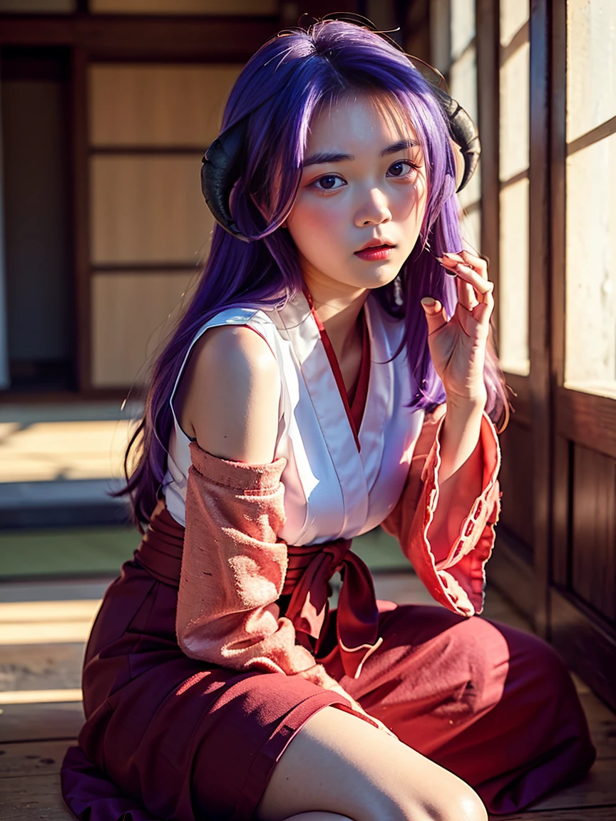 (1 girl), (Best quality at best:1.4), (ultra - detailed), (extremely detailed CG unified 16k), A Beautiful Girl: 1.4, Sharp Focus: 1.2, very detailed, High-definition RAW color photo, professional photoshooting, amazing face and eyes, (amazingly beautiful girl), ((Hanyuu, 11 years old girl)), ((japanese clothes, miko, detached sleeves, hakama, hakama skirt, skirt, red hakama, ribbon-trimmed sleeves)), standing, (Dark and stylish inside temple), (look from down), realistic cinematic face, head to feet long wide zoomed out view, full body long view, photorealistic, ((realistic natural purple hair style, horns, long hair, purple eyes, blush)), extremely beautiful face, perfect beauty, pout mouth, Highly Detailed Face and Skin Texture, Detailed Eyes, Double Eyelids, Small Breasts, cleavages, western, (masterpiece), best quality, high resolution, extremely detailed, blurred background, depth of field, cinematic lighting, amazing legs, high heels, clear and well-cared skin, drinking red wine