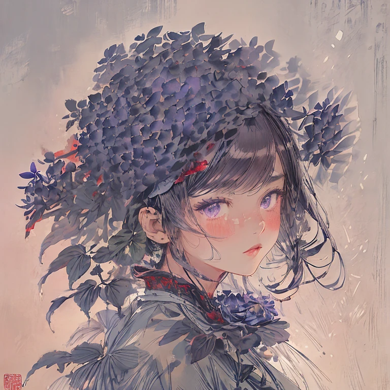 Masterpieces, high quality, anime, 2D, female, dark blue hair , purple eyes, red dress, black lace, sweet face, the most pretty girl, princess, sunrise background, field of hydrangeas 