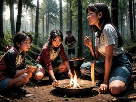 campfire、Girls at the forest school、Making curry