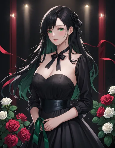((masterpiece, highest quality)),Best aesthetics,One girl, alone, Long Hair, Black Dress, flower, ribbon, Black background, Blac...