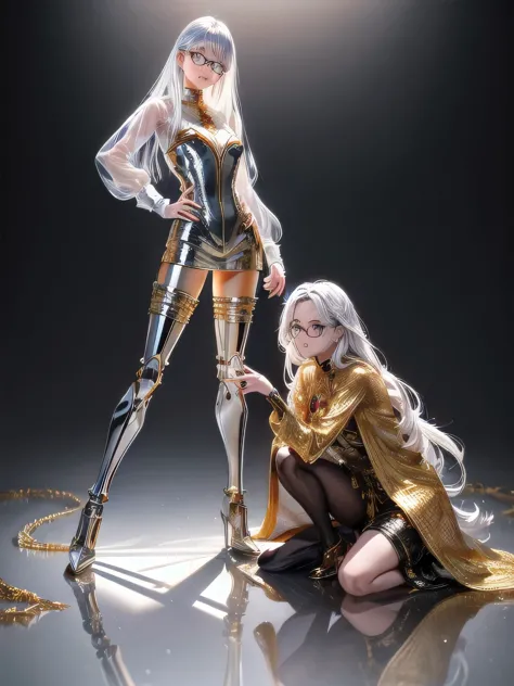 5 8K UHD, 
Two beautiful women with exposed internal skeletons in silver metallic bespectacled bodies kneeling,
 Gold and silver...