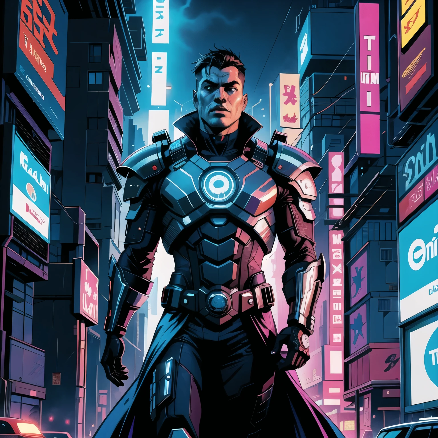 (melhor qualidade:1.3), (melhor performance:1.2), (best illustration:1.2), (comic style:1.2), (artistic cinematic lighting:1.2) (1 homem) wearing futuristic technological Cyberpunk electronic robes, its body is covered in metallic parts, in a cinematic horror movie setting in a futuristic Cyberpunk city.