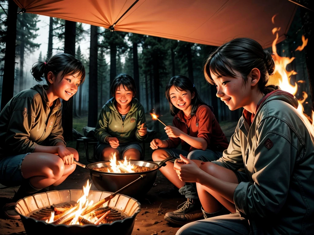 A campfire, girls from an outdoor school, grilling meat, drinking beer, and having fun with excitement. (best quality,4k,8k,highres,masterpiece:1.2),ultra-detailed,(realistic,photorealistic,photo-realistic:1.37),illustration,smoky atmosphere,vibrant colors,soft warm lighting,blurred background,deliciously grilled food,crackling fire,joyful expressions,glowing embers,wisps of smoke,detailed faces,flickering flames,warm and cozy setting,happy memories,joyful laughter,roasting marshmallows,bonding experience,crispy meat,expressive eyes,smiling faces,relaxed poses,natural surroundings,fun outdoor activities,girls wearing camping outfits,authentic camping scene,enjoying nature's beauty,savoring the moment,memories around the fire,playful atmosphere,delightful camaraderie,memorable camping adventure,reminiscing stories under the stars,cherishing friendship,experiencing the wilderness,simple pleasures,endearing moments.