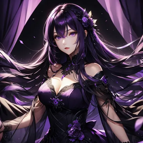 Purple Hair，Long Hair，Purple Eyes，Black Dress