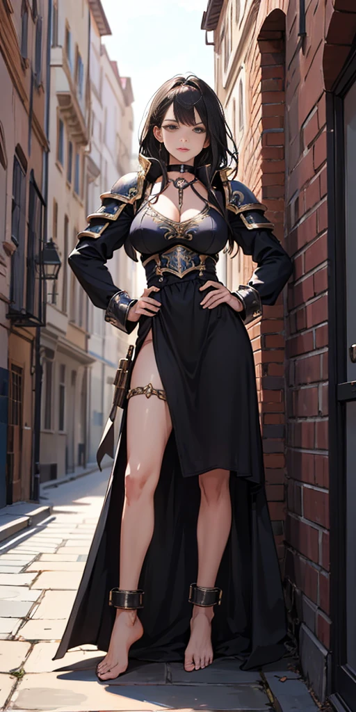 full body, barefoot, solo, female, big breast ,linen tunic, fantasy village, armor, Handcuffs on their hands, With a collar around the neck, hands on hips, slave, ((black choker, shackles on legs and arms))