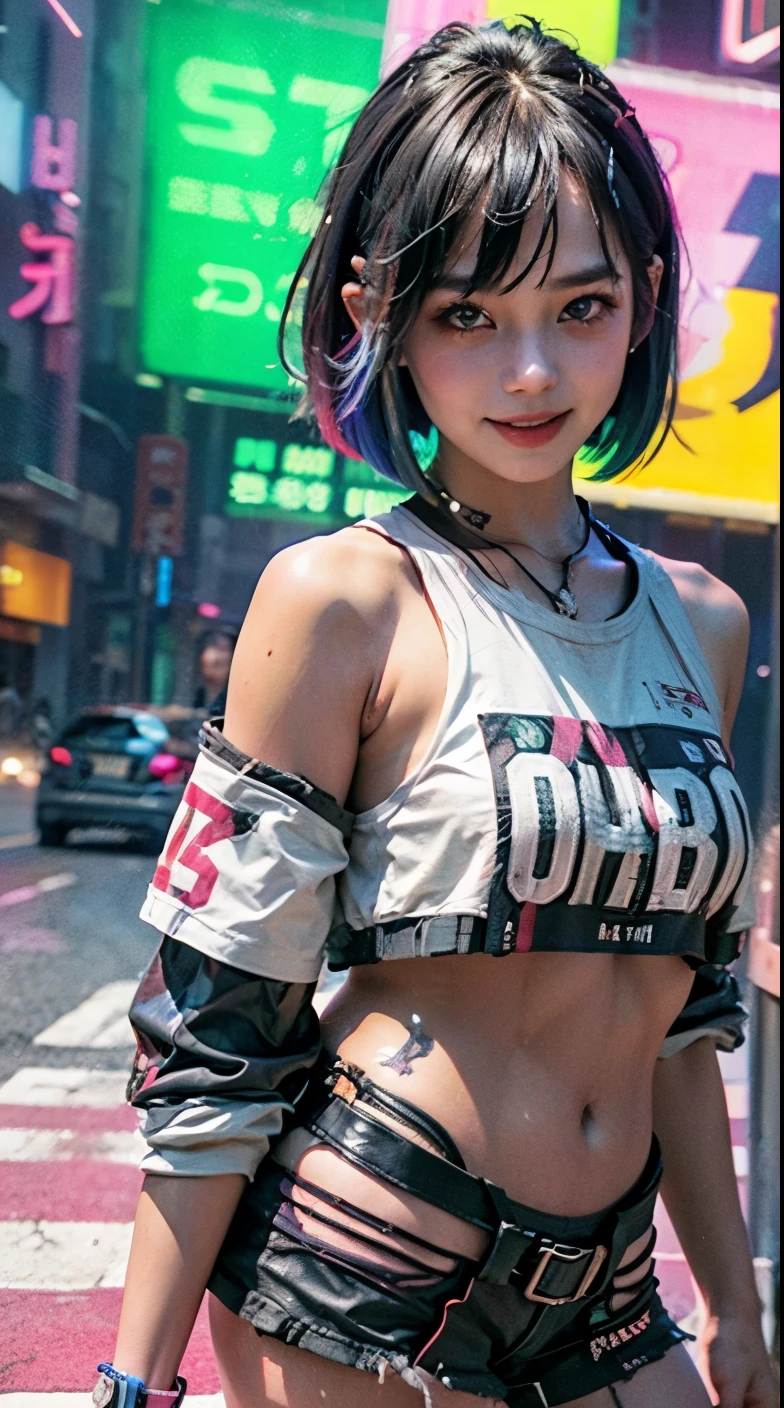 A colorful Bob cut haired punk girl, smooth white skin, innocent look, 15 years old, Ultra high res, uhd, (photorealistic:1.4), cyberpunk outfit, ripped shirt, wink, smiling ear to ear, neon lighting, wearing short skirt, colorful loose socks, full body shot, head to toe, fish eye lens, vogue pose, modelling,