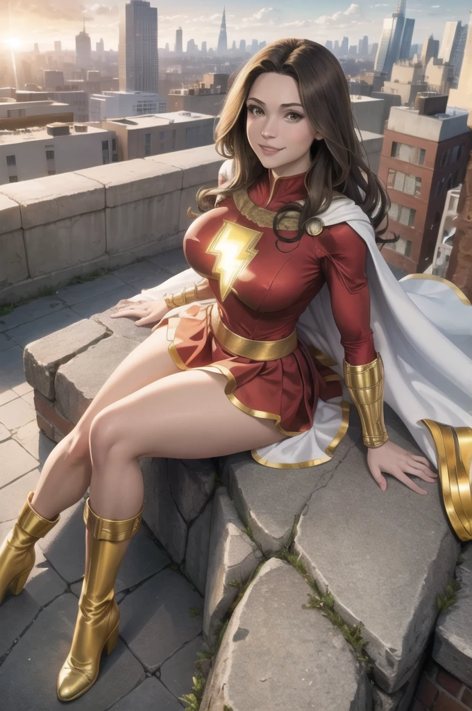 masterpiece, best quality,  mary marvel, white cape, red dress, red skirt, long sleeves, bracer, large breasts, smile, looking at viewer, cityscape, rooftop, smile, yellow boots, sitting