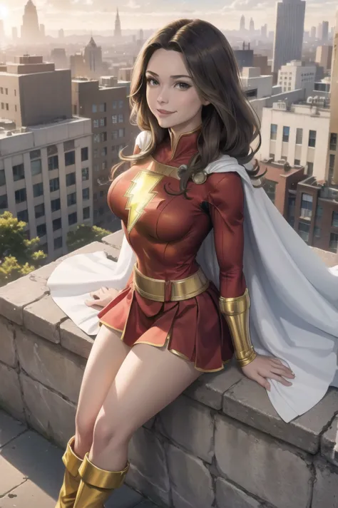 masterpiece, best quality,  mary marvel, white cape, red dress, red skirt, long sleeves, bracer, large breasts, smile, looking a...