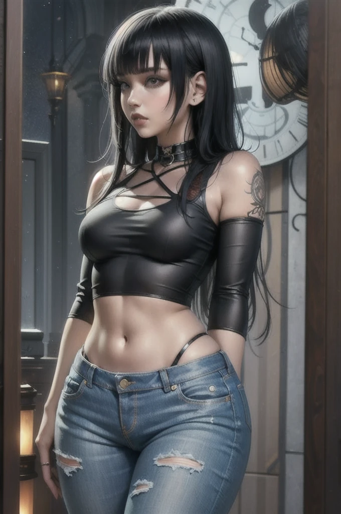 night, long blunt bangs, dark, blue cutoff jeans, Woman, (emo, gothic, dark), dark clothing,  portrait, standing,  