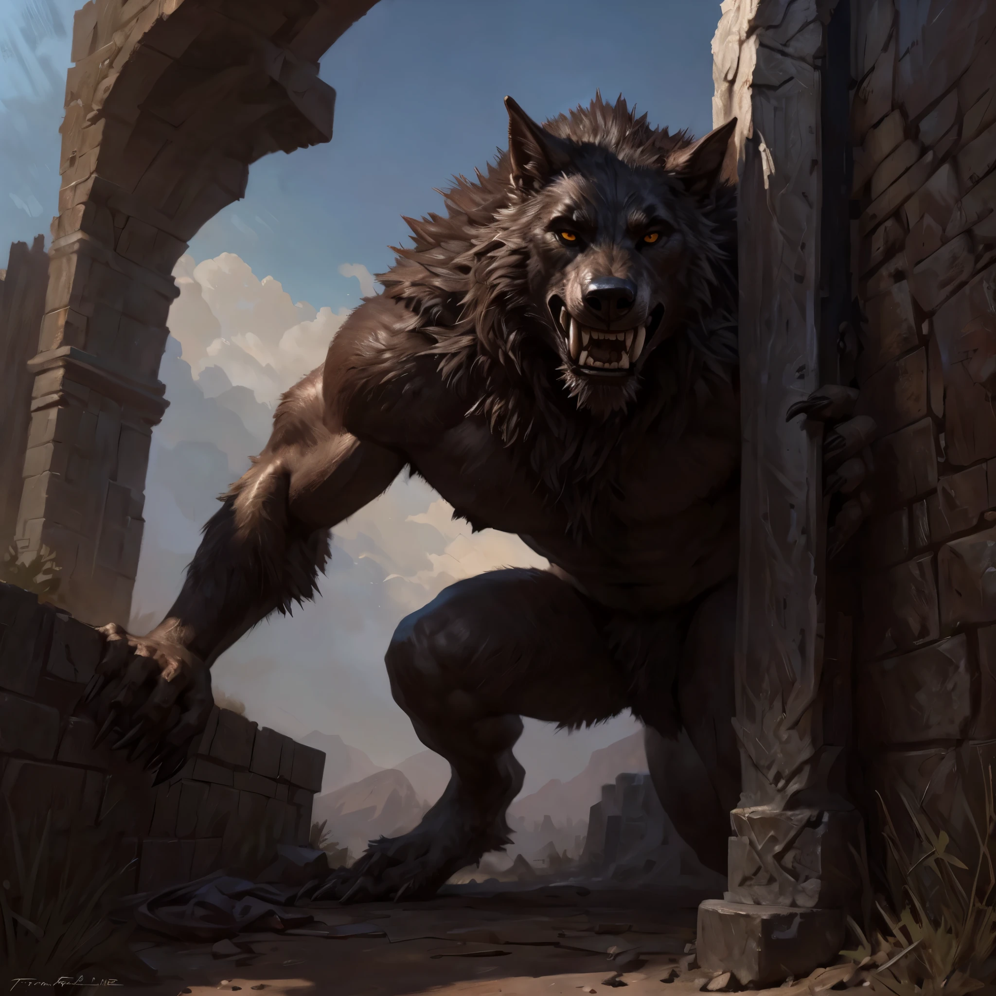 (by taran fiddler), (A werewolf peering over a wall, bearing his teeth.)