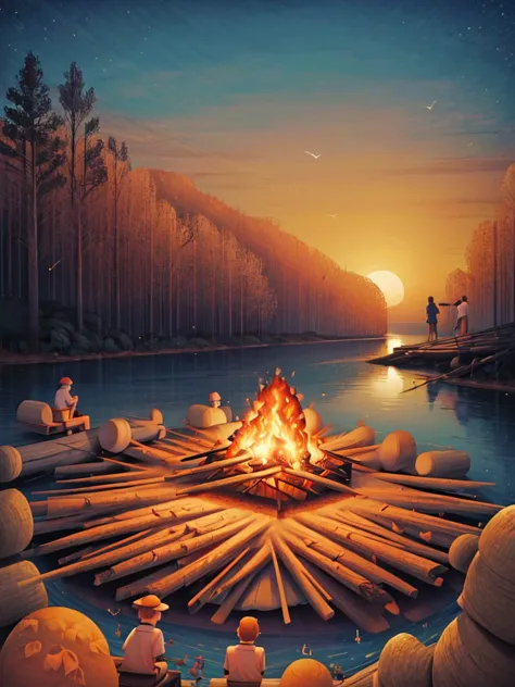 general shot, fisheye camera: 1.7, ((campfire at sunset, fishermen on the bank of a river, logs to sit around the campfire: 1.7)...