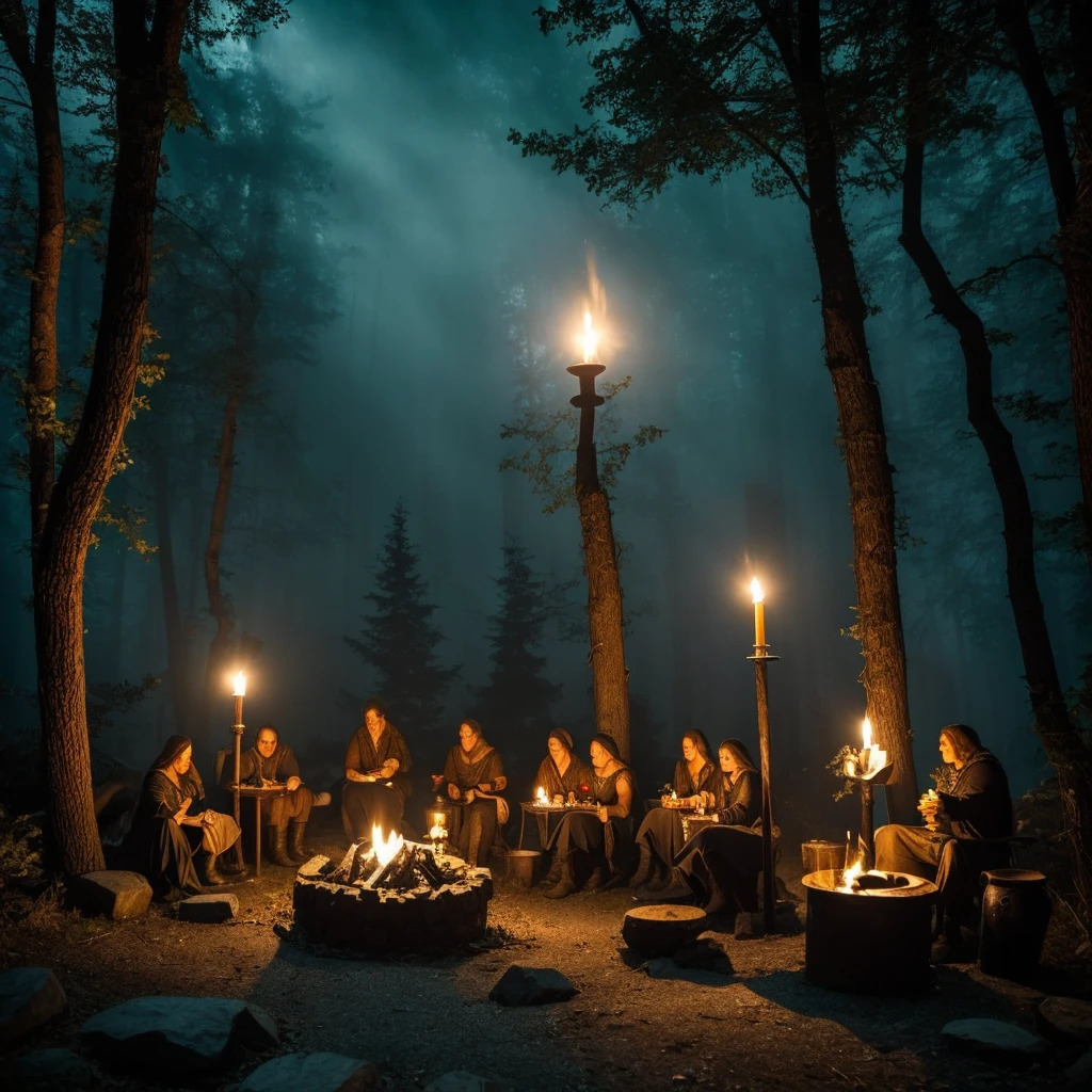 (a group of fantasy adventurers sitting close to a campfire,drinking mead and telling tall tales),(fantasy,adventurer,group:1.1),(campfire:1.1,fire),(mead,drinking:1.1),(telling tall tales:1.1),(haunted woods,woods,forest),(gleaming eyes:1.1,watching hungrily,hungry eyes,eyes in the darkness:1.2),(fantasy creatures,creatures,monsters),(darkness:1.1,eerie),(mysterious atmosphere:1.1),(mysterious sounds,sounds),(flickering firelight:1.1),(distant howls),(mystical:1.1,enchanted),(medieval setting:1.1),(moonlit),(adventure:1.1,exciting),(magic:1.1),unpredictable), (fantastical:1.1),(mystic:1.1)