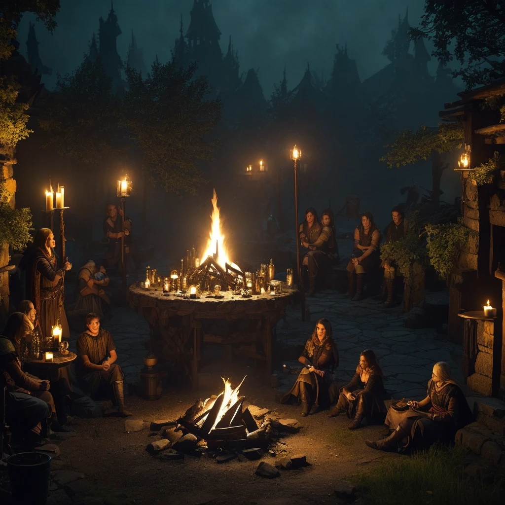 (a group of fantasy adventurers sitting close to a campfire,drinking mead and telling tall tales),(fantasy,adventurer,group:1.1),(campfire:1.1,fire),(mead,drinking:1.1),(telling tall tales:1.1),(haunted woods,woods,forest),(gleaming eyes:1.1,watching hungrily,hungry eyes,eyes in the darkness:1.2),(fantasy creatures,creatures,monsters),(darkness:1.1,eerie),(mysterious atmosphere:1.1),(mysterious sounds,sounds),(flickering firelight:1.1),(distant howls),(mystical:1.1,enchanted),(medieval setting:1.1),(moonlit),(adventure:1.1,exciting),(magic:1.1),unpredictable), (fantastical:1.1),(mystic:1.1)