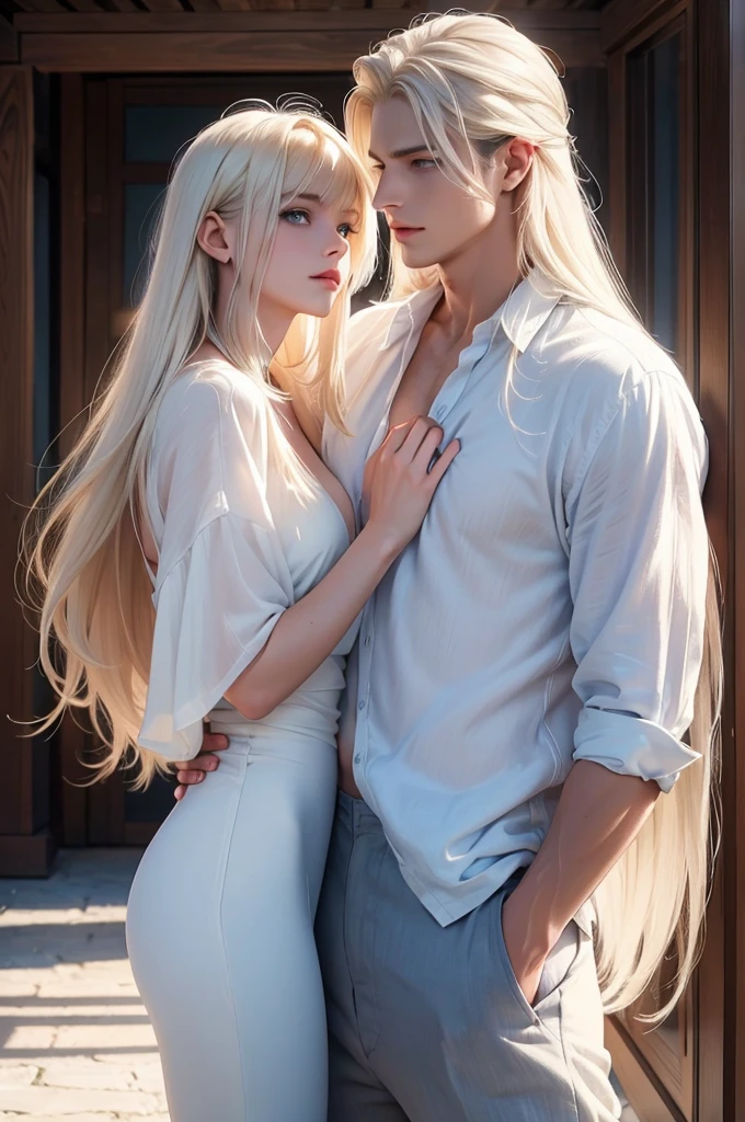 Couple. 1 tall, handsome, statuesque, masculine, athletic young man is platinum blonde, he has tanned skin, blue eyes, long straight white hair, long bangs, he is dressed in light linen trousers and a linen shirt. 1 incredibly beautiful young woman with long golden hair, long bangs, blue eyes, dressed in a light summer dress. They're in love. Romance. A masterpiece. Full-length image. Detailed drawing of the face.