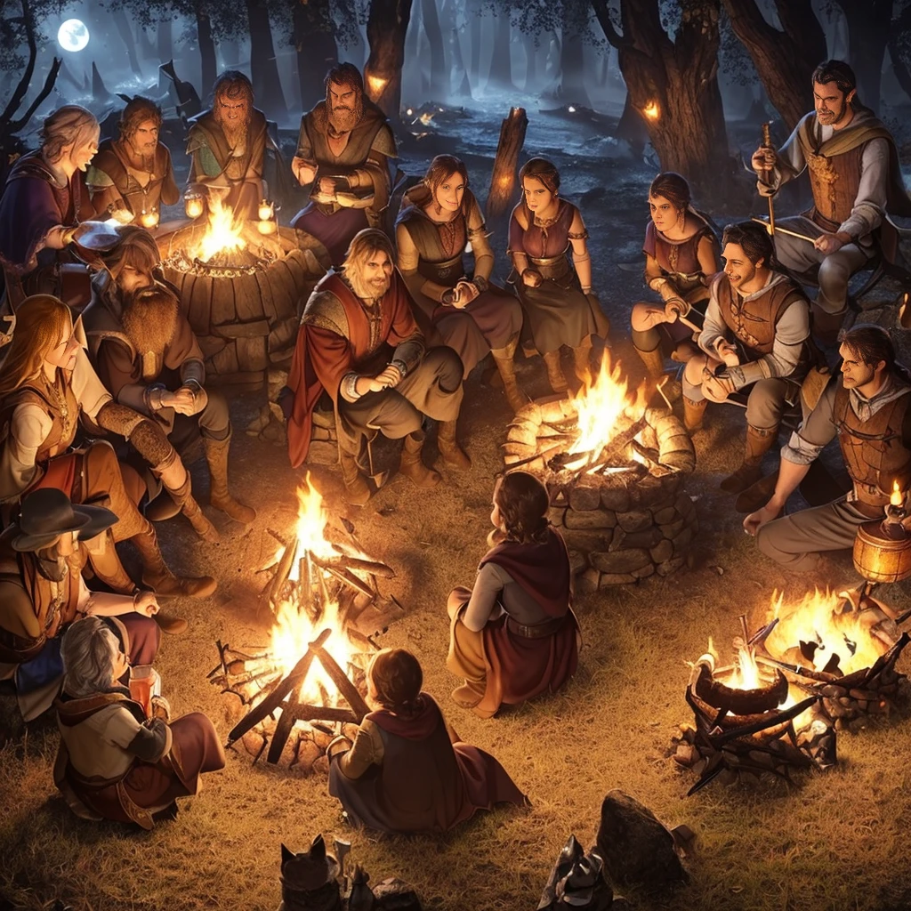 (a group of fantasy adventurers sitting close to a campfire,drinking mead and telling tall tales),(fantasy,adventurer,group:1.1),(campfire:1.1,fire),(mead,drinking:1.1),(telling tall tales:1.1),(haunted woods,woods,forest),(gleaming eyes:1.1,watching hungrily,hungry eyes,eyes in the darkness:1.2),(fantasy creatures,creatures,monsters),(darkness:1.1,eerie),(mysterious atmosphere:1.1),(mysterious sounds,sounds),(flickering firelight:1.1),(distant howls),(mystical:1.1,enchanted),(medieval setting:1.1),(moonlit),(adventure:1.1,exciting),(magic:1.1),unpredictable), (fantastical:1.1),(mystic:1.1)