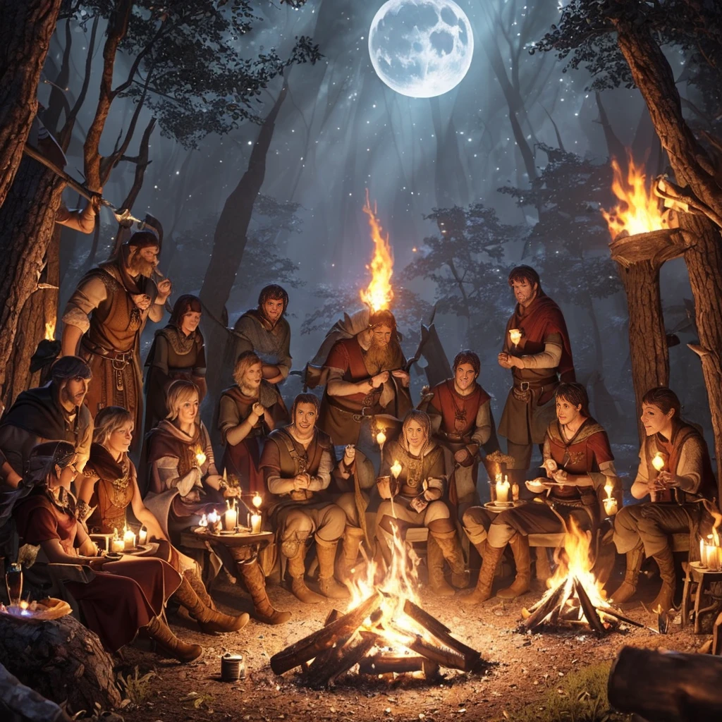 (a group of fantasy adventurers sitting close to a campfire,drinking mead and telling tall tales),(fantasy,adventurer,group:1.1),(campfire:1.1,fire),(mead,drinking:1.1),(telling tall tales:1.1),(haunted woods,woods,forest),(gleaming eyes:1.1,watching hungrily,hungry eyes,eyes in the darkness:1.2),(fantasy creatures,creatures,monsters),(darkness:1.1,eerie),(mysterious atmosphere:1.1),(mysterious sounds,sounds),(flickering firelight:1.1),(distant howls),(mystical:1.1,enchanted),(medieval setting:1.1),(moonlit),(adventure:1.1,exciting),(magic:1.1),unpredictable), (fantastical:1.1),(mystic:1.1)