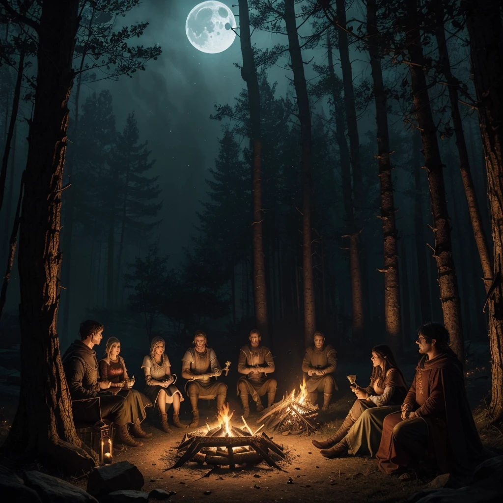 (a group of fantasy adventurers sitting close to a campfire,drinking mead and telling tall tales),(fantasy,adventurer,group:1.1),(campfire:1.1,fire),(mead,drinking:1.1),(telling tall tales:1.1),(haunted woods,woods,forest),(gleaming eyes:1.1,watching hungrily,hungry eyes,eyes in the darkness:1.2),(fantasy creatures,creatures,monsters),(darkness:1.1,eerie),(mysterious atmosphere:1.1),(mysterious sounds,sounds),(flickering firelight:1.1),(distant howls),(mystical:1.1,enchanted),(medieval setting:1.1),(moonlit),(adventure:1.1,exciting),(magic:1.1),unpredictable), (fantastical:1.1),(mystic:1.1)