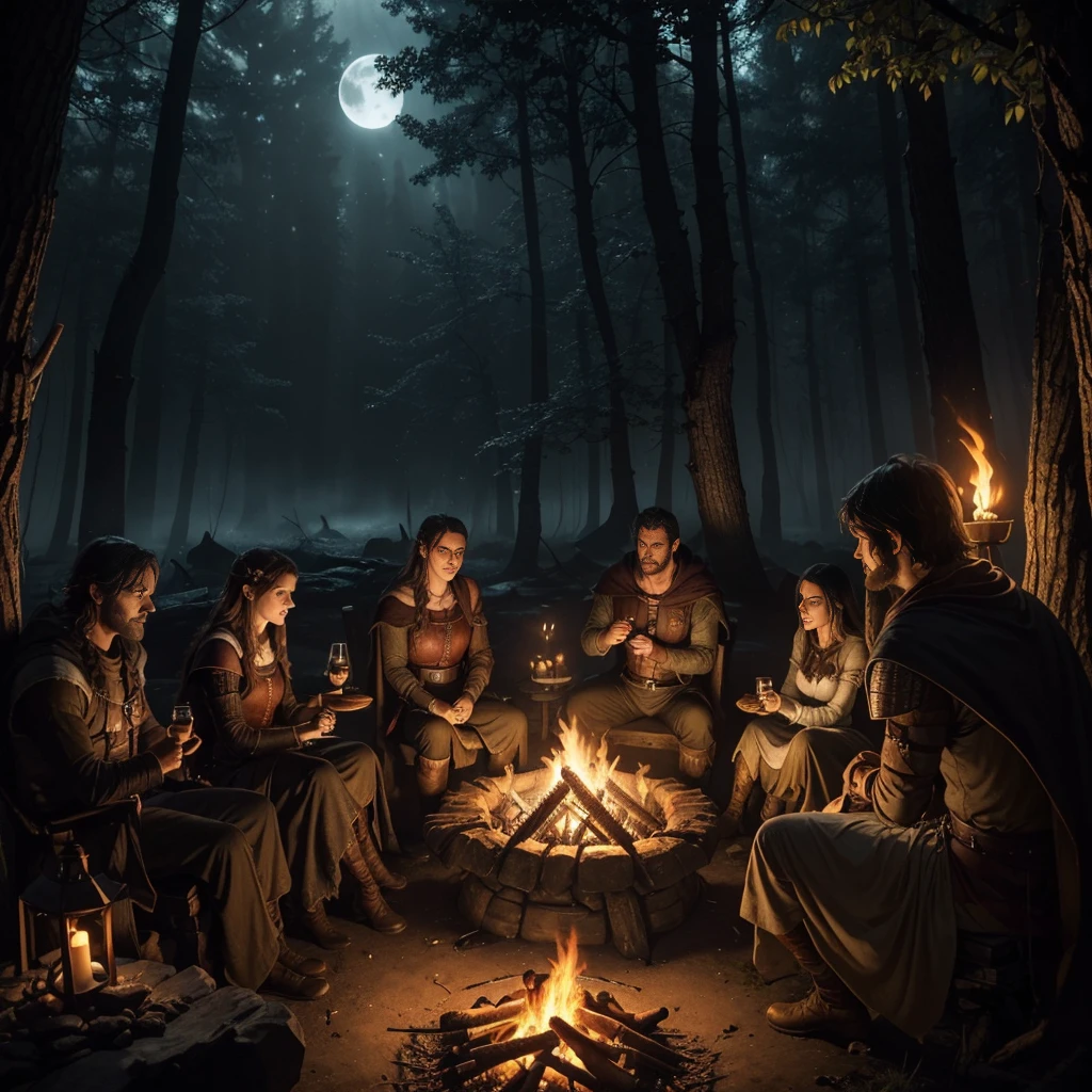 (a group of fantasy adventurers sitting close to a campfire,drinking mead and telling tall tales),(fantasy,adventurer,group:1.1),(campfire:1.1,fire),(mead,drinking:1.1),(telling tall tales:1.1),(haunted woods,woods,forest),(gleaming eyes:1.1,watching hungrily,hungry eyes,eyes in the darkness:1.2),(fantasy creatures,creatures,monsters),(darkness:1.1,eerie),(mysterious atmosphere:1.1),(mysterious sounds,sounds),(flickering firelight:1.1),(distant howls),(mystical:1.1,enchanted),(medieval setting:1.1),(moonlit),(adventure:1.1,exciting),(magic:1.1),unpredictable), (fantastical:1.1),(mystic:1.1)