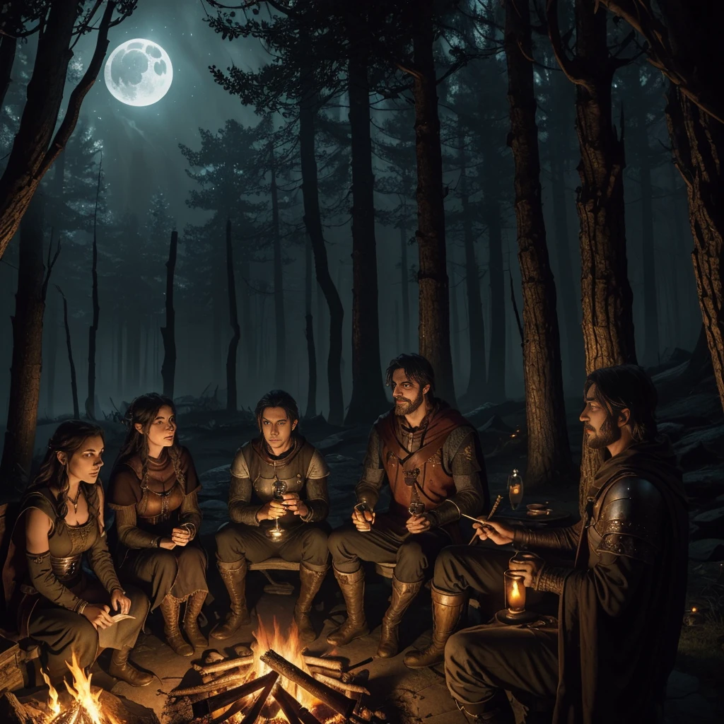 (a group of fantasy adventurers sitting close to a campfire,drinking mead and telling tall tales),(fantasy,adventurer,group:1.1),(campfire:1.1,fire),(mead,drinking:1.1),(telling tall tales:1.1),(haunted woods,woods,forest),(gleaming eyes:1.1,watching hungrily,hungry eyes,eyes in the darkness:1.2),(fantasy creatures,creatures,monsters),(darkness:1.1,eerie),(mysterious atmosphere:1.1),(mysterious sounds,sounds),(flickering firelight:1.1),(distant howls),(mystical:1.1,enchanted),(medieval setting:1.1),(moonlit),(adventure:1.1,exciting),(magic:1.1),unpredictable), (fantastical:1.1),(mystic:1.1)