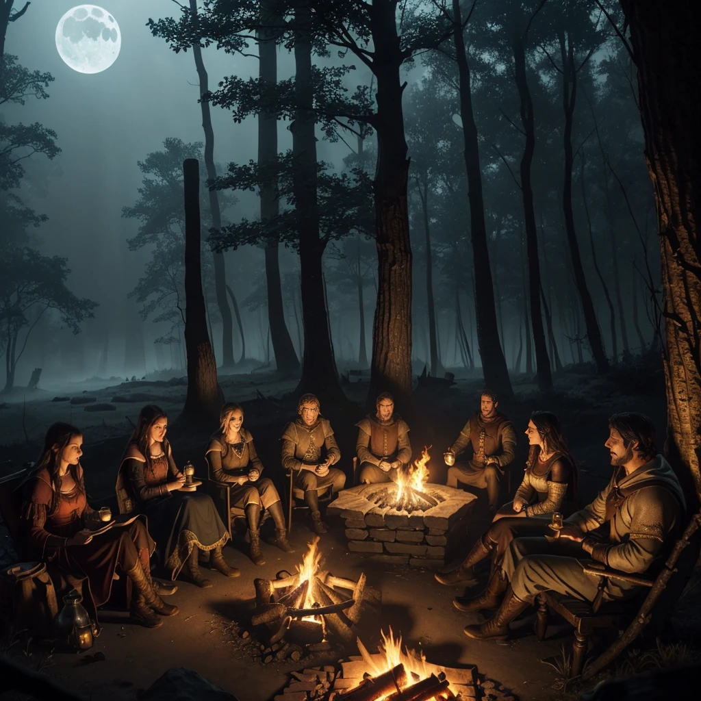 (a group of fantasy adventurers sitting close to a campfire,drinking mead and telling tall tales),(fantasy,adventurer,group:1.1),(campfire:1.1,fire),(mead,drinking:1.1),(telling tall tales:1.1),(haunted woods,woods,forest),(gleaming eyes:1.1,watching hungrily,hungry eyes,eyes in the darkness:1.2),(fantasy creatures,creatures,monsters),(darkness:1.1,eerie),(mysterious atmosphere:1.1),(mysterious sounds,sounds),(flickering firelight:1.1),(distant howls),(mystical:1.1,enchanted),(medieval setting:1.1),(moonlit),(adventure:1.1,exciting),(magic:1.1),unpredictable), (fantastical:1.1),(mystic:1.1)