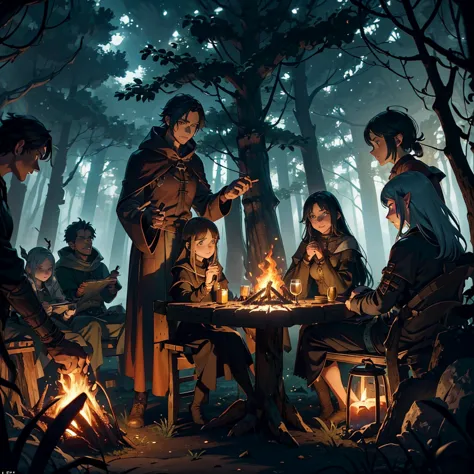 (a group of fantasy adventurers sitting close to a campfire,drinking mead and telling tall tales),(fantasy,adventurer,group:1.1)...