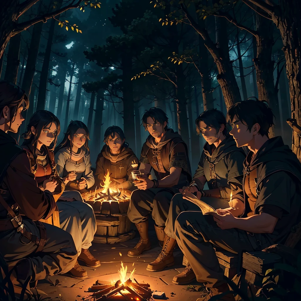 (a group of fantasy adventurers sitting close to a campfire,drinking mead and telling tall tales),(fantasy,adventurer,group:1.1),(campfire:1.1,fire),(mead,drinking:1.1),(telling tall tales:1.1),(haunted woods,woods,forest),(gleaming eyes:1.1,watching hungrily,hungry eyes,eyes in the darkness:1.2),(fantasy creatures,creatures,monsters),(darkness:1.1,eerie),(mysterious atmosphere:1.1),(mysterious sounds,sounds),(flickering firelight:1.1),(distant howls),(mystical:1.1,enchanted),(medieval setting:1.1),(moonlit),(adventure:1.1,exciting),(magic:1.1),unpredictable), (fantastical:1.1),(mystic:1.1)