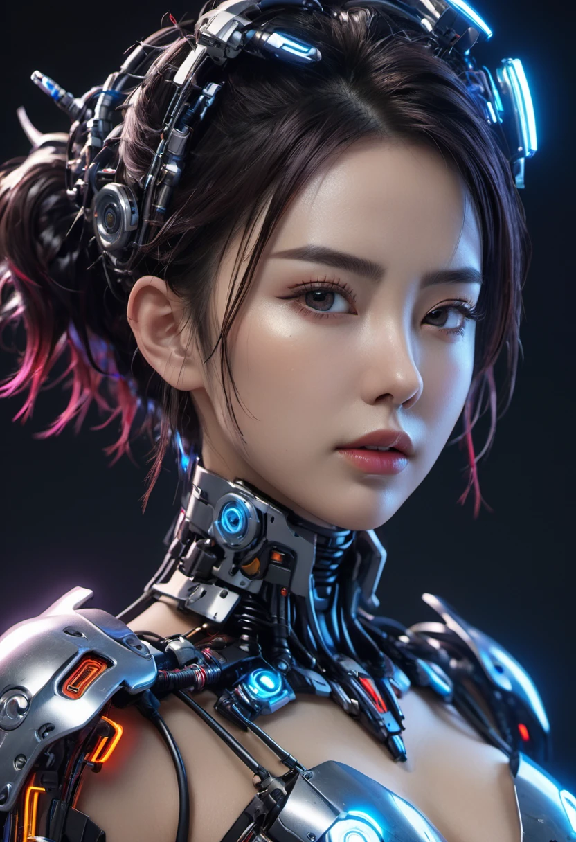 Top Quality, Masterpiece, Ultra High Resolution, (Photorealistic: 1.4), Raw Photo, 1 cyberpunk Girl, Glossy Skin, 1 Mechanical Girl, (Ultra Realistic Detail)), (((Full body shot))), Global Illumination, Contrast, thick voluptuous curved lips, Shadows, Octane Rendering, 8K, Ultra Sharp, Raw Skin, Metal, Intricate Ornament Details, Cyberpunk Details, Very intricate details, realistic light, CGSoation trend, facing the camera, neon details,mechanical cleavage.  mechanical limbs, blood vessels connected to the tube, mechanical vertebrae attached to the back, mechanical cervical attachment to the neck, wires and cables connecting to the head, gundam, small LED lamps.