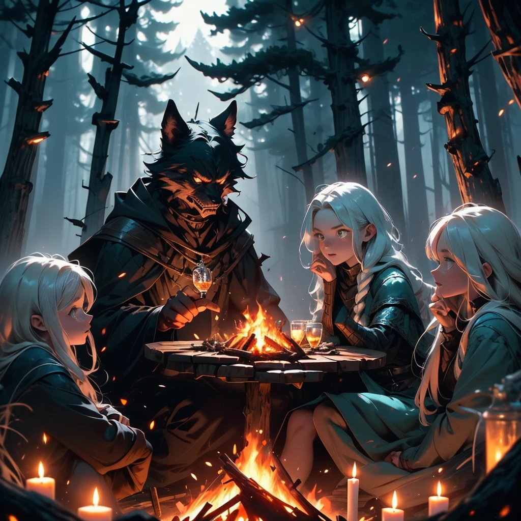 (a group of fantasy adventurers sitting close to a campfire,drinking mead and telling tall tales),(fantasy,adventurer,group:1.1),(campfire:1.1,fire),(mead,drinking:1.1),(telling tall tales:1.1),(haunted woods,woods,forest),(gleaming eyes:1.1,watching hungrily,hungry eyes,eyes in the darkness:1.2),(fantasy creatures,creatures,monsters),(darkness:1.1,eerie),(mysterious atmosphere:1.1),(mysterious sounds,sounds),(flickering firelight:1.1),(distant howls),(mystical:1.1,enchanted),(medieval setting:1.1),(moonlit),(adventure:1.1,exciting),(magic:1.1),unpredictable), (fantastical:1.1),(mystic:1.1)