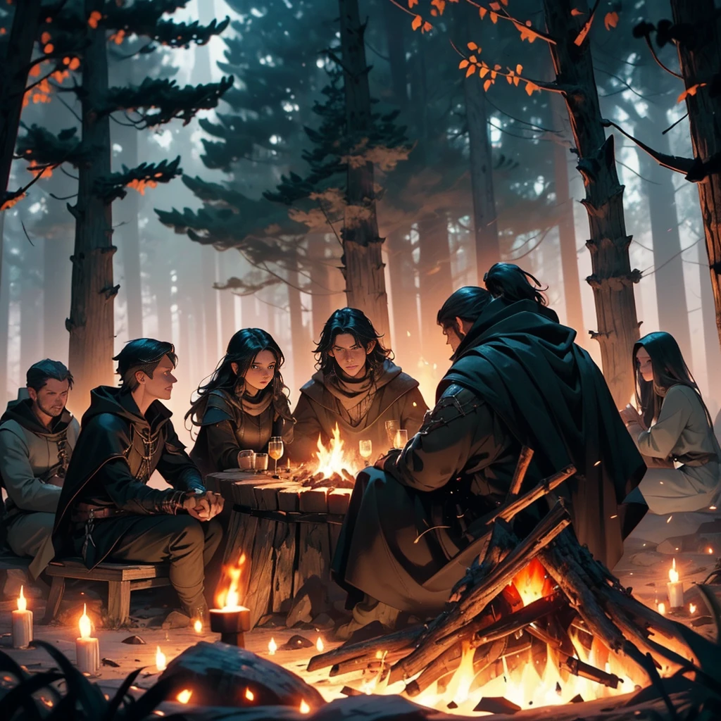 (a group of fantasy adventurers sitting close to a campfire,drinking mead and telling tall tales),(fantasy,adventurer,group:1.1),(campfire:1.1,fire),(mead,drinking:1.1),(telling tall tales:1.1),(haunted woods,woods,forest),(gleaming eyes:1.1,watching hungrily,hungry eyes,eyes in the darkness:1.2),(fantasy creatures,creatures,monsters),(darkness:1.1,eerie),(mysterious atmosphere:1.1),(mysterious sounds,sounds),(flickering firelight:1.1),(distant howls),(mystical:1.1,enchanted),(medieval setting:1.1),(moonlit),(adventure:1.1,exciting),(magic:1.1),unpredictable), (fantastical:1.1),(mystic:1.1)