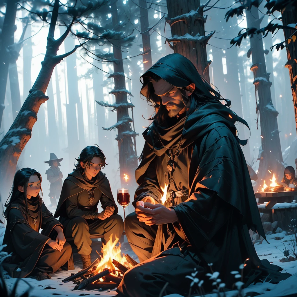 (a group of fantasy adventurers sitting close to a campfire,drinking mead and telling tall tales),(fantasy,adventurer,group:1.1),(campfire:1.1,fire),(mead,drinking:1.1),(telling tall tales:1.1),(haunted woods,woods,forest),(gleaming eyes:1.1,watching hungrily,hungry eyes,eyes in the darkness:1.2),(fantasy creatures,creatures,monsters),(darkness:1.1,eerie),(mysterious atmosphere:1.1),(mysterious sounds,sounds),(flickering firelight:1.1),(distant howls),(mystical:1.1,enchanted),(medieval setting:1.1),(moonlit),(adventure:1.1,exciting),(magic:1.1),unpredictable), (fantastical:1.1),(mystic:1.1)