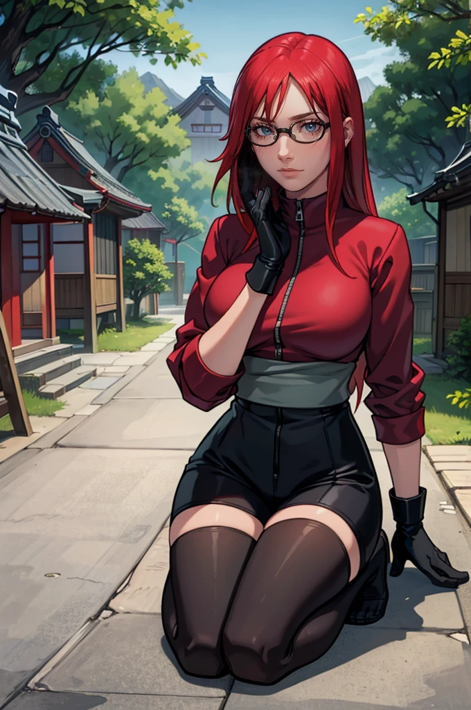 (masterpiece:1.2, best quality:1.2, beautiful, high quality, highres:1.1), detailed, extremely detailed 4K, perfect eyes, perfect face, perfect lighting, (1girl, solo, adult female, mature female), thin, lithe body, 
karin, long red hair, red eyes, glasses, (big breasts), sitting
(red shirt), black bike shorts, black stockings, combat gloves, red ey color, cute looking, embarrassed 
(outside, trees, japanese village background:1.2), closed clothes, closed zipper shirt, ((((sensual seductive, busty)))),  high quality, 
