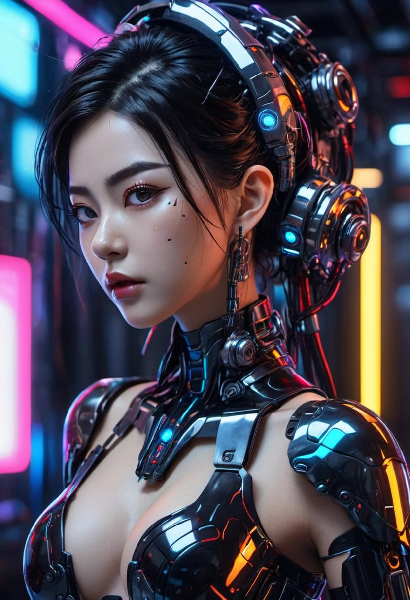 Top Quality, Masterpiece, Ultra High Resolution, (Photorealistic: 1.4), Raw Photo, 1 cyberpunk Girl, Glossy Skin, 1 Mechanical Girl, (Ultra Realistic Detail)), (((Full body shot))), Global Illumination, Contrast, thick voluptuous curved lips, Shadows, Octane Rendering, 8K, Ultra Sharp, Raw Skin, Metal, Intricate Ornament Details, Cyberpunk Details, Very intricate details, realistic light, CGSoation trend, facing the camera, neon details,mechanical cleavage.  mechanical limbs, blood vessels connected to the tube, mechanical vertebrae attached to the back, mechanical cervical attachment to the neck, wires and cables connecting to the head, gundam, small LED lamps.