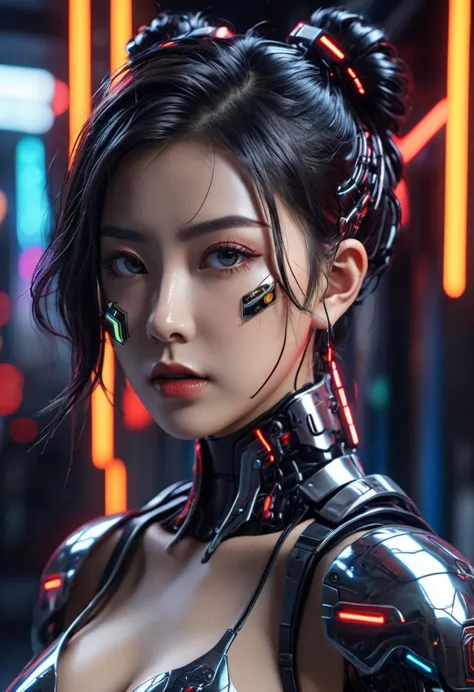 top quality, masterpiece, ultra high resolution, (photorealistic: 1.4), raw photo, 1 cyberpunk girl, glossy skin, 1 mechanical g...