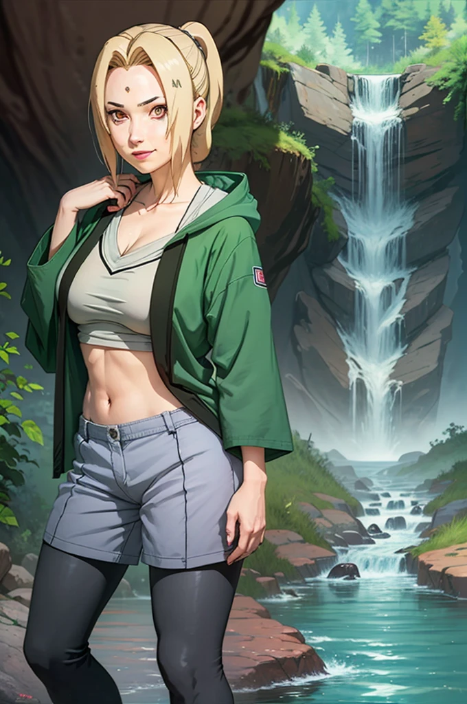 (obra de arte: 1,6), Tsunade ( Naruto) ,  sorriso sedutor , água , Capuz verde , cabelo de sebo , peito grande , camisa , Calças curtas , jovem , lábios rosados, Menina anime ,