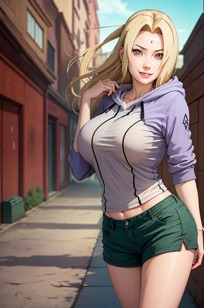 (obra maestra: 1,6), tsunade ( naruto) ,  sonrisa seductora , agua , sudadera con capucha verde , cabello yallow , pechos grandes , camisa , Pantalones cortos , joven , Labios rosados, chica anime ,