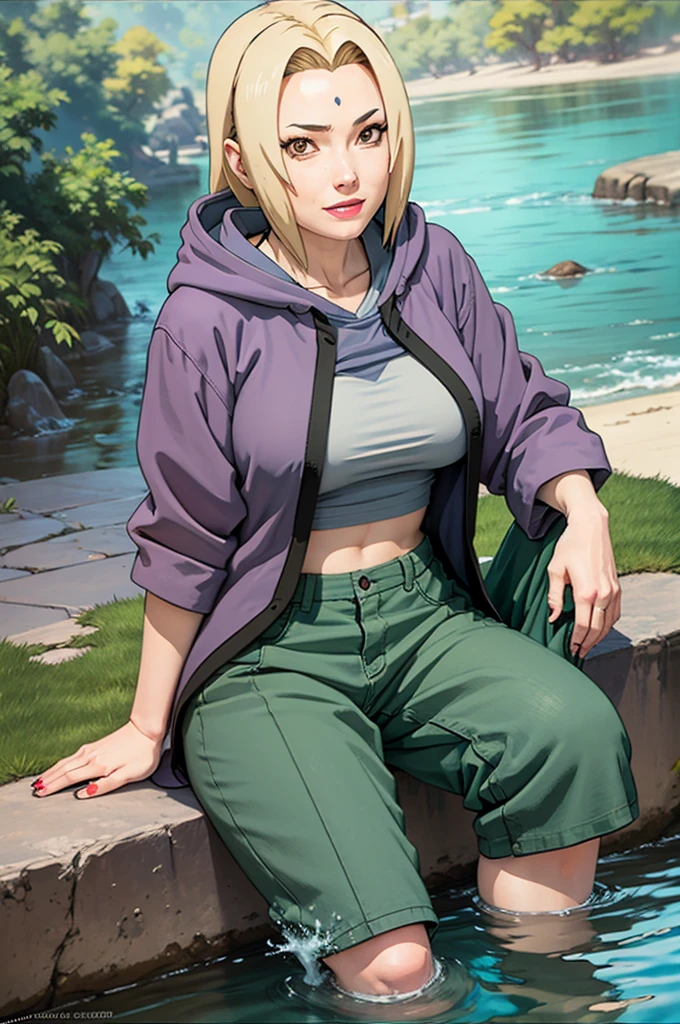 (masterpiece: 1,6), tsunade ( naruto) ,  seductive smile , water , green hoody , yallow hair , large breast , shirt , short pants , young , pink lips, anime girl ,